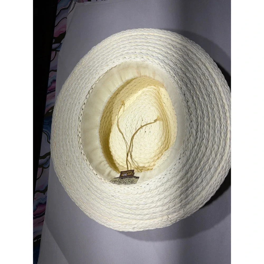Sun N Sand Women Straw Boater Hat UPF 50+ Navy White Striped Ribbon Cream Woven
